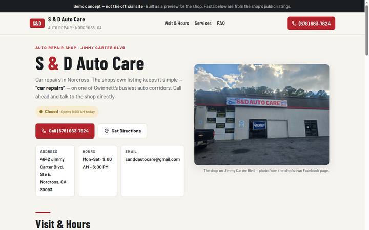 Screenshot of the demo website built for S & D Auto Care