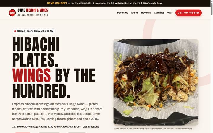 Screenshot of the demo website built for Sumo Hibachi & Wings