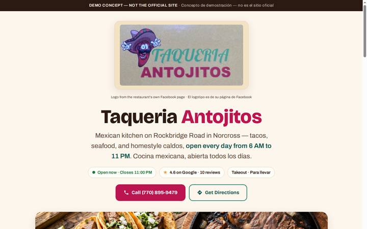 Screenshot of the demo website built for Taqueria Antojitos